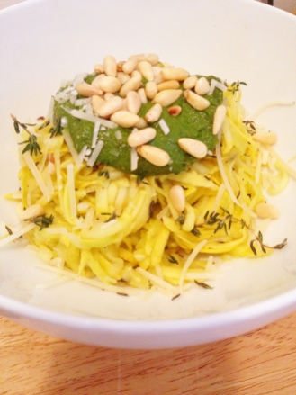 Yellow Squash Pasta with Spinach Basil Pesto